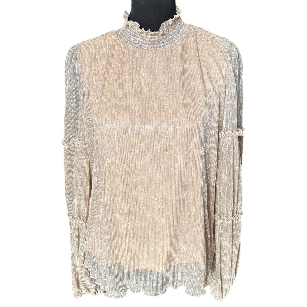 Blu Pepper Pink Sheer Metallic Ruffle Top Women's Size Medium Long Sleeve Blouse